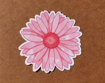 Pink Gerber Daisy Sticker: Hand-Drawn Die Cut Water Bottle Decal
