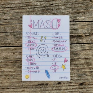 M.A.S.H. personalized 90's nostalgia game- die cut sticker for laptop, water bottle, or journal |3x2 inches| hand drawn sticker