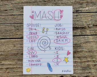 M.A.S.H. personalized 90's nostalgia game- die cut sticker for laptop, water bottle, or journal |3x2 inches| hand drawn sticker