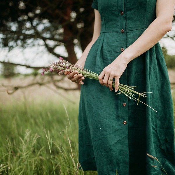 Linen dress for women with wooden buttons, A silhouette