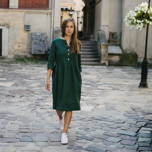 Women linen dress with buttons, green women outfit image 1