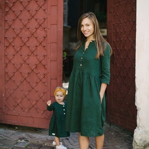Women linen dress with buttons, green women outfit image 4