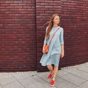 Women linen dress with buttons, green women outfit