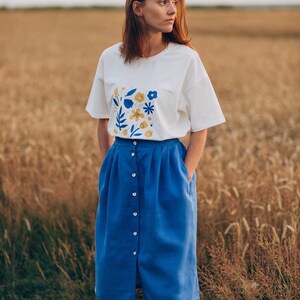 Women linen skirt and floral t-shirt set, floral t-shirt, linen skirt