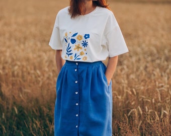 Women linen skirt and floral t-shirt set, floral t-shirt, linen skirt