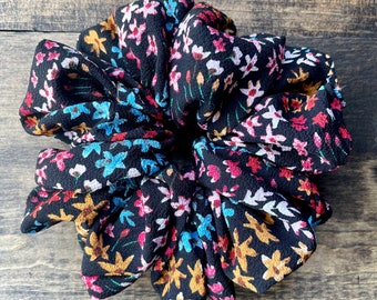 Textured Floral Scrunchie | Floral Scrunchie | Black Floral Scrunchie