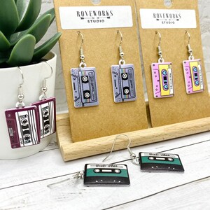 CASSETTE TAPE Earrings retro cassettes tapes dangle 1980s music teacher 90s 1990s musician gifts vintage 80s party nostalgic fun radio songs imagem 9