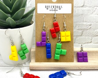 TETRIS BLOCK EARRINGS mismatched retro arcade gaming pieces game night accessories Red green yellow blue video games building blocks gamer