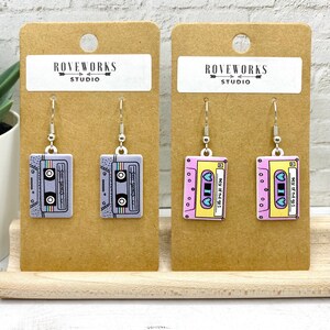 CASSETTE TAPE Earrings retro cassettes tapes dangle 1980s music teacher 90s 1990s musician gifts vintage 80s party nostalgic fun radio songs imagem 3