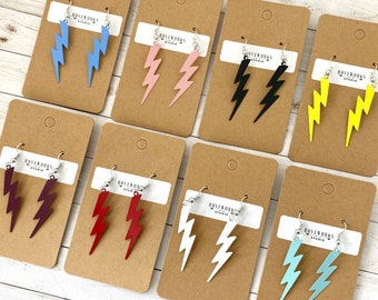 LIGHTNING BOLT Earrings - colorful, lightweight, thin metal dangley, shiny bolts, rock, filagree
