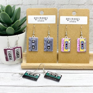 CASSETTE TAPE Earrings retro cassettes tapes dangle 1980s music teacher 90s 1990s musician gifts vintage 80s party nostalgic fun radio songs