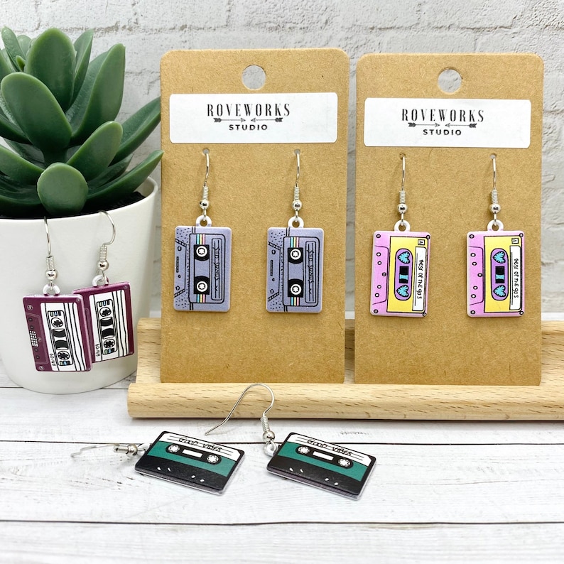 CASSETTE TAPE Earrings retro cassettes tapes dangle 1980s music teacher 90s 1990s musician gifts vintage 80s party nostalgic fun radio songs imagem 1