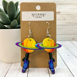 PLANET & ASTRONAUT Earrings - large lightweight blue and orange big dangley acrylic charms, Halloween, spaceman, outer space planets