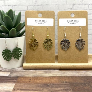 MONSTERA LEAF Earrings silver gold green tropical leaves plant mom gift metal dangley lightweight monstera deliciosa Monstera gifts plants