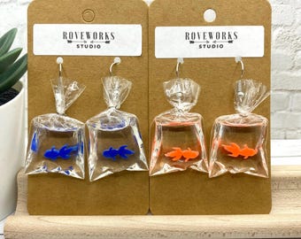 GOLDFISH IN BAGS Earrings orange fish dangley statement festival gift for her funny weird unusual gold fish lover pet blue big silly fun
