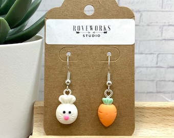 BUNNY & CARROT Earrings small mismatched earrings bunny earrings tiny dangley earrings rabbit earrings jewelry bunny gift Easter earrings