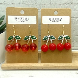 Red CHERRY EARRINGS - fruit earrings red cherries dangley earrings food earrings fruity earrings cherry gift for her statement earrings