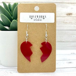 BROKEN HEART Earrings red heart earrings lightweight acrylic charms love jewellery breakup gift mismatched earrings Valentine’s Day earrings