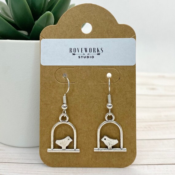 BIRDS on a Perch Earrings metal dangley bird in a cage Etsy