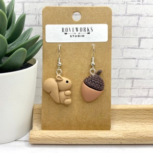 Fall SQUIRREL & ACORN Mismatched Earrings dangley fall earrings animal earrings autumn vibes cute brown squirrels acorns nature cottagecore