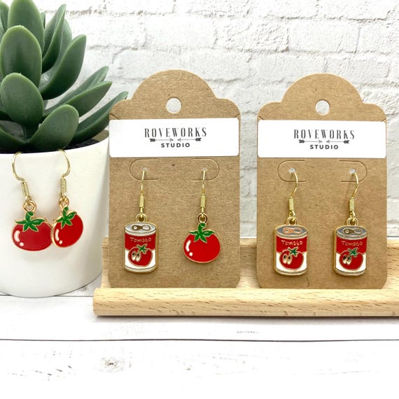 TOMATOES & SOUP Earrings foodie comfort food vegetables Italian red cans cute mismatched tomato funny silly little gold coloured farmer