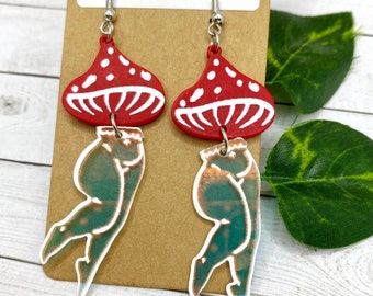 Iridescent MUSHROOM GIRL Earrings mushrooms mushroom ladies mushrooms with legs cottagecore earrings red mushroom gifts cute mushies pinup
