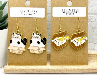 CATS IN BOXES Earrings dangley drop kitten charms cat box kitty metal enamel charm dangle black white crazy cat lady gifts cat gift under 10