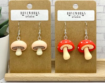 Cute MUSHROOM Earrings pink mushrooms fairy garden mushrooms cottagecore earrings red polkadot mushrooms cottage-core gifts nature earrings