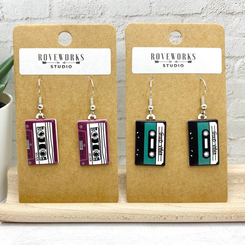 CASSETTE TAPE Earrings retro cassettes tapes dangle 1980s music teacher 90s 1990s musician gifts vintage 80s party nostalgic fun radio songs imagem 7