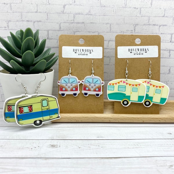 HAPPY CAMPER Earrings vintage camper trailer earrings summer earrings vanlife earrings little trailers VW van bus boler camping earrings