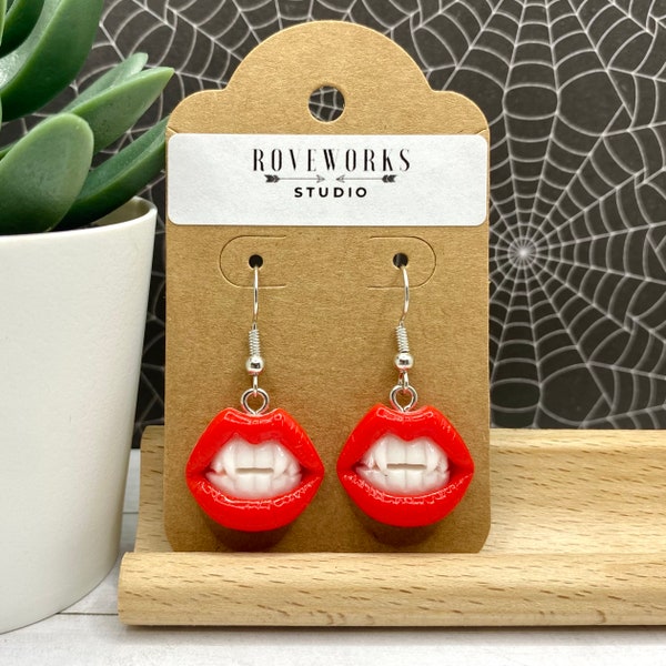 Spooky VAMPIRE TEETH Earrings Halloween fangs dangley creepy scary mouth jaws vampires lip fang earrings red lips white costume small