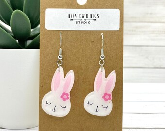 Acrylic BUNNY EARRINGS - pink and white, shimmery rabbit charms, dangley animal charm, dangle, Easter animals, cute bunnies, rabbits