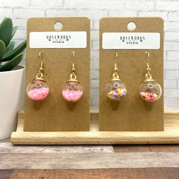 STAR CONFETTI Globe Earrings cute colourful dangley earrings pink and rainbow stars clear balls unique statement earrings sprinkle sparkle