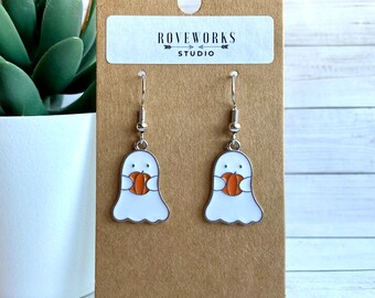 PUMPKIN GHOST Earrings - white ghosts carrying pumpkins, Halloween, dangley, shiny charms, scary costume, cute spooky charm