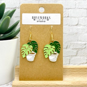 Monstera PLANT Earrings - potted houseplant, leaves, green & white, gold colored charms, leaf, houseplants, Swiss cheese, deliciosa