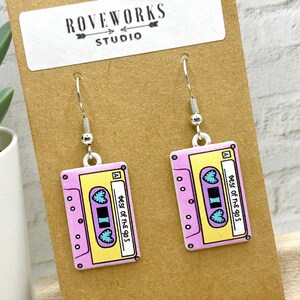 CASSETTE TAPE Earrings retro cassettes tapes dangle 1980s music teacher 90s 1990s musician gifts vintage 80s party nostalgic fun radio songs pink - best of 90s