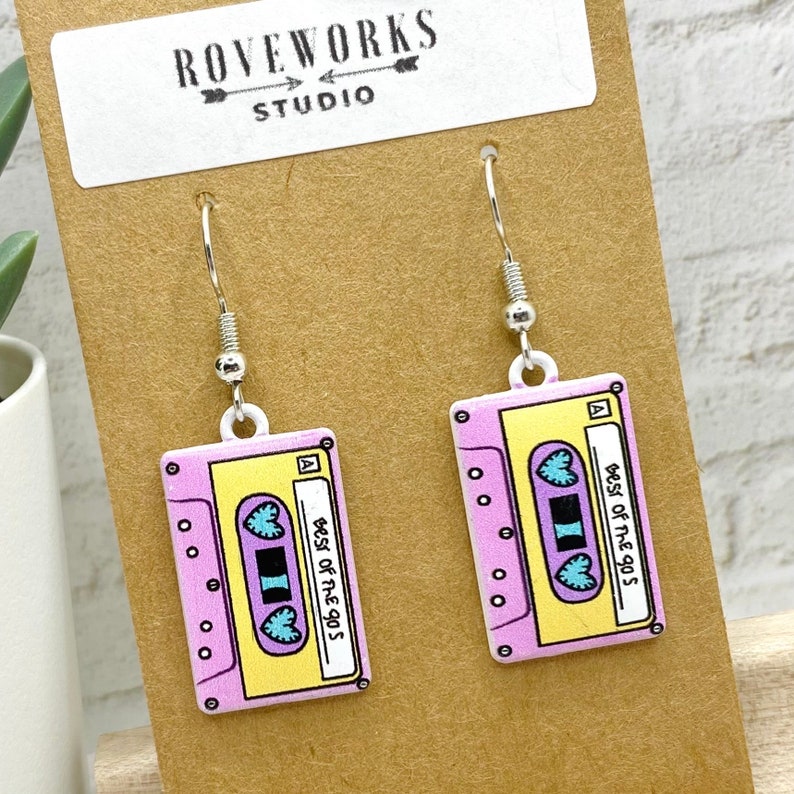 CASSETTE TAPE Earrings retro cassettes tapes dangle 1980s music teacher 90s 1990s musician gifts vintage 80s party nostalgic fun radio songs pink - best of 90s