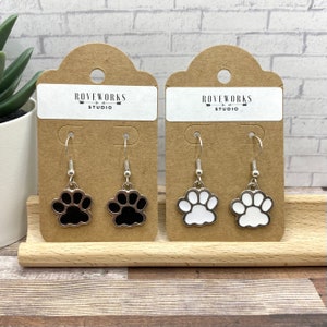 PAW PRINT EARRINGS cute dangley earrings dog paws cat paw print earrings foot prints black white paws animal lover earrings dog earrings