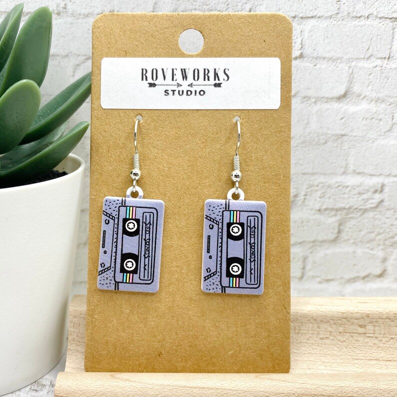 CASSETTE TAPE Earrings retro cassettes tapes dangle 1980s music teacher 90s 1990s musician gifts vintage 80s party nostalgic fun radio songs gray - sad songs