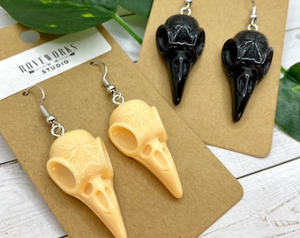 CROW SKULL Earrings - raven skeleton dangley earrings spooky plague doctor earrings birds creepy bird head black crows crow skulls earrings