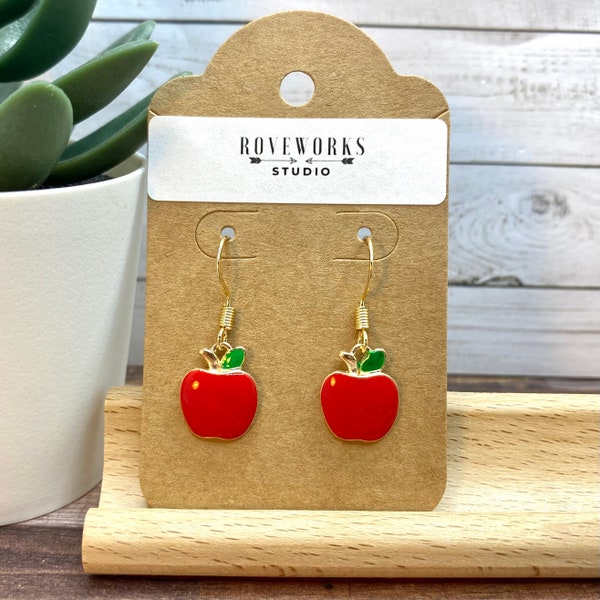 APPLE EARRINGS - dainty metal fruit charms, red green & gold coloured apples, small and lightweight food earring, delicious, macintosh, gala