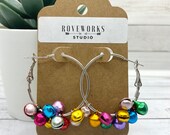 Mini CHRISTMAS BELLS on hoop earrings - festive hoops, colorful holiday bell, red, green, gold holiday wreath  jingle bells