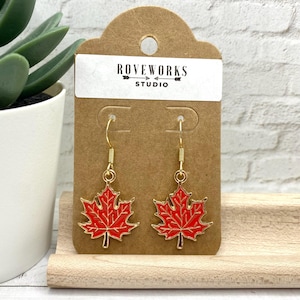 Red MAPLE LEAF Earrings Canadian leaves dangley gold colored charms Canada tree sugar syrup small cute fall colours autumn colors jewelry