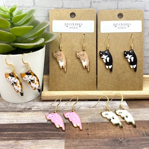 HANGING KITTEN EARRINGS dangle earrings black cats white cat gift for her brown tabby cat calico cats dangley cat earrings cat gifts kawaii