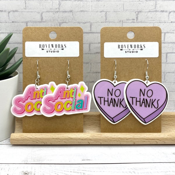 ANTI SOCIAL and No Thanks Earrings funny earrings large statement earrings oversized earrings word earrings mental health matters nope