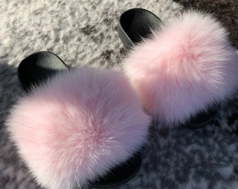 baby pink fur slides