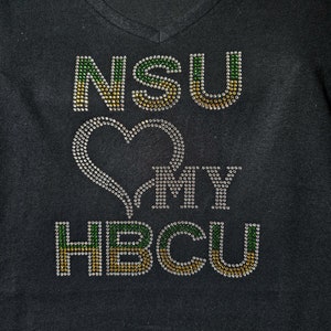 Norfolk State Women Green and Gold Rhinestone NSU Love My HBCU T-Shirt