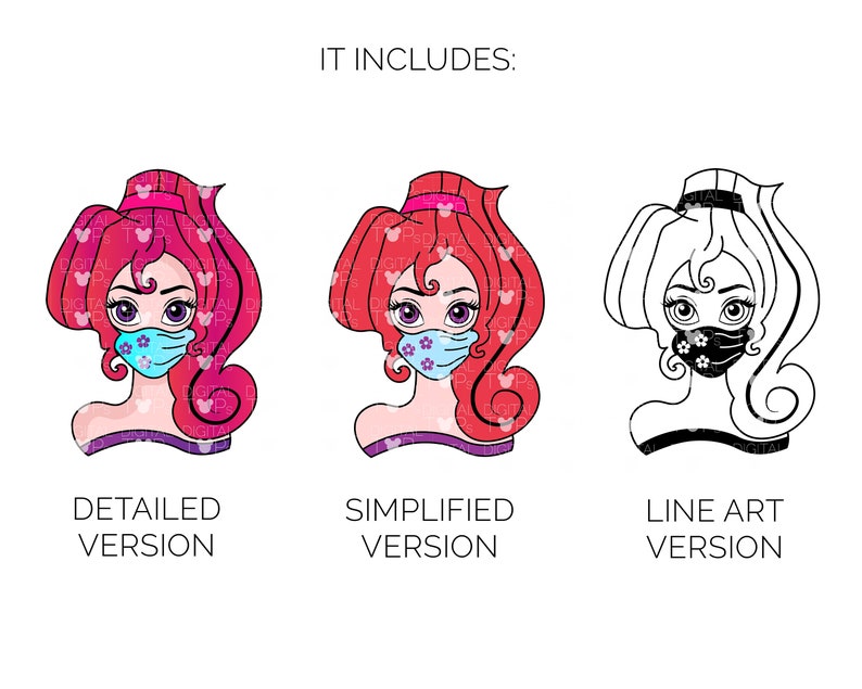 H\u00e9rcules Disney Princess Face mask template Hand illustrated by DigitalTOPs. Megara wearing mask Covid Quotes 4 SVG 4 PNG