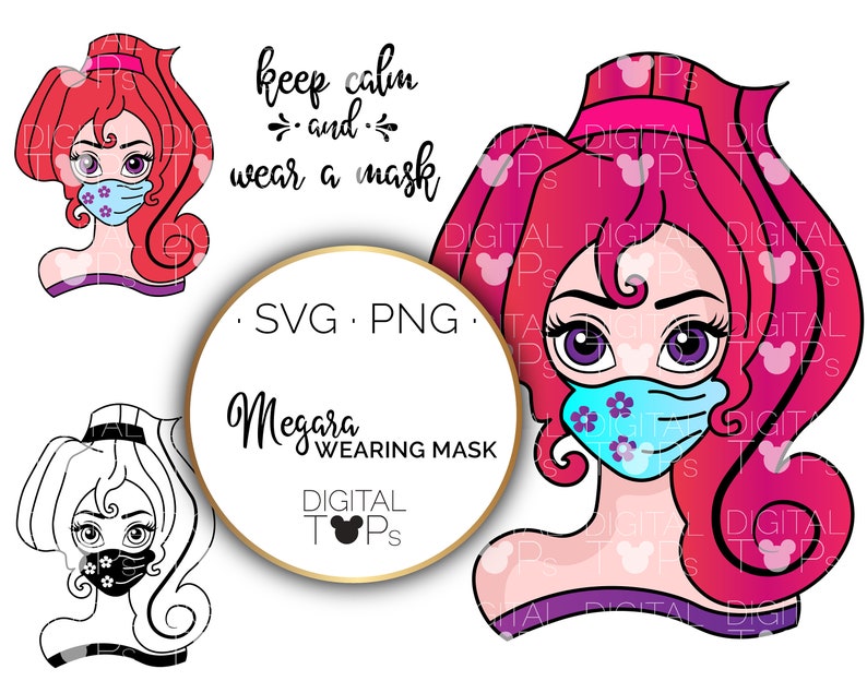 H\u00e9rcules Disney Princess Face mask template Hand illustrated by DigitalTOPs. Megara wearing mask Covid Quotes 4 SVG 4 PNG