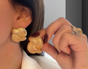 Popular Trendy Large Twisted Earrings,Vintage Geometric Knot Earrings,2024 Chunky Knot Gold Earrings,Runway Designer Statement Earrings